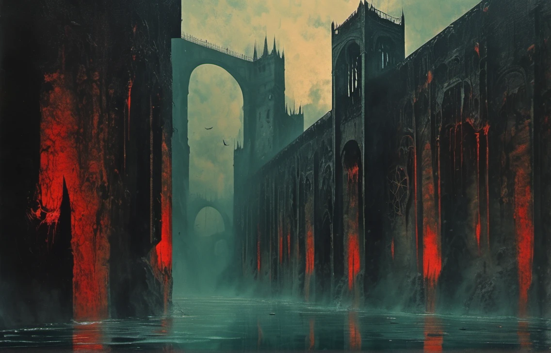 Red hues, blood poours from giant mouths, pale phamelic tall monster lurking in the corner, red ambience,creepy, olhos vermelhos, mouth spitting blood, (Floresta macabra:1.5), (Horror:1.5,Terror:1.tremely detaild, 8K, HDR, naturallight, cinematic lighting, masterpiece-anatomy-perfect, Ultra HD, RAW photo, metallic, professional, a gothic city of black iron towers and bridges hangs in space by the, edge of creation, celestial sea of the abyss,city of the devil, magic, sigil, glyphs, water flows from drains at the foundations, Dark City