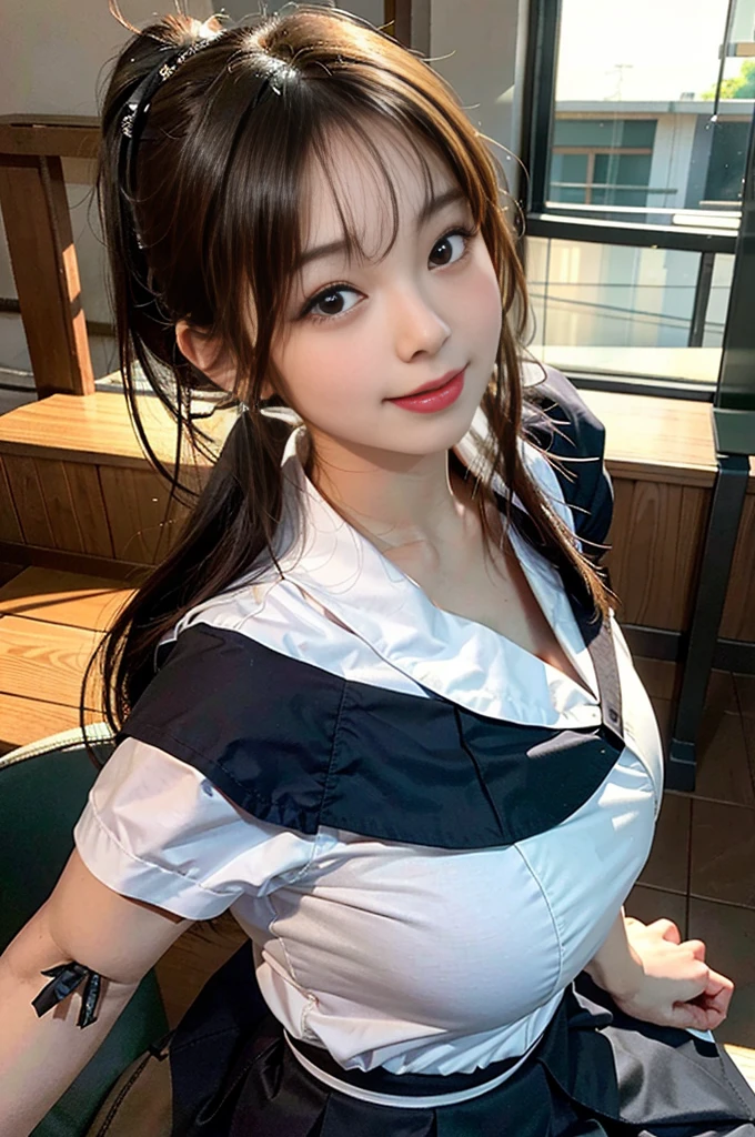 (Masterpiece:1.3), 8k, high quality, Very detailed, In detail, high quality, ultra-realistic, high resolution, (solo), Beautiful Japanese Women, beautiful Girl, (black hair), Natural color lip, Detailed face, (((huge breasts:1.4, beautiful breasts:1.4, Overflowing sideboob, Saggy Breasts))), (breast squeeze:1.4, Chest squeezed together), cute, Japanese idol, joyful smile, Photorealistic, medium hair, ponytail, dramatic perspective, balanced framing, (blurred background), (( beautiful girl:1.2)), (Japan school uniform:1.3, short sleeve shirt), in bright daylight, Stand in the center of the screen, gigantic breasts, cleavage, whip thighs, Look up here, (classroom, school), knee high boots,