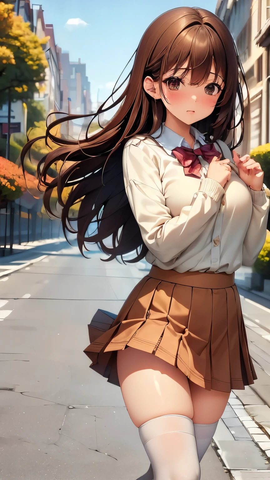 Masterpiece、Ultra-high quality photo、8k、5、Beautiful mature woman、Uniform Cosplay、Red cheeks、Light Brown Hair、Flared mini skirt、Over the knee stockings、loafers、Sidewalk、autumn、Walking、Plump body、Picking Up Girls、Embarrassed face、The wind flips up my skirt、White panties