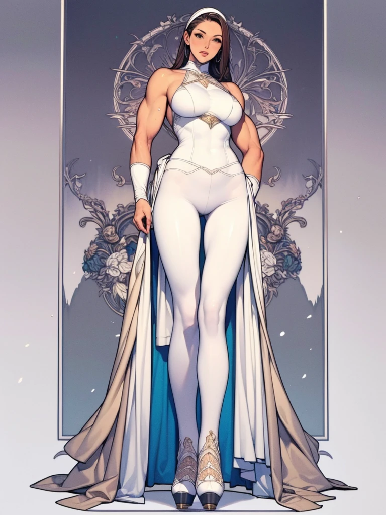 Full body picture:(masterpiece:1.2, best quality),(Very detailed),8K,wallpapeve women standing in a row,Full body picture,All wearing white pantyhose,Figure skater,Tall figure,Long legs,muscular,((White Metal Squadron))