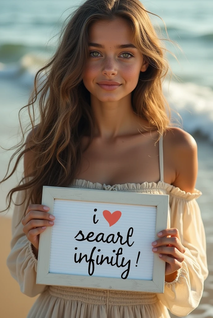 Beautiful girl with wavy long hair, bohemian dress, holding a white board with text "I Love Seaart Infinity" and showing it to the viewer