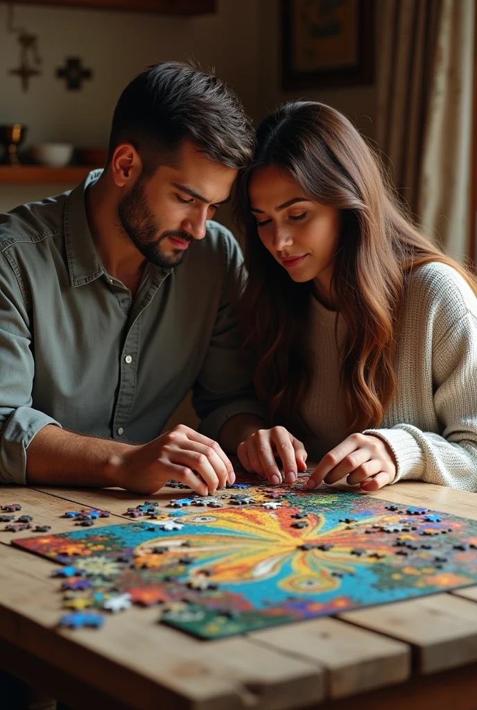 Couple putting together a 1000 piece jigsaw puzzle on a rustic table, in a house on the farm. Thin man with short beard, fat woman with very long hair. are dating.