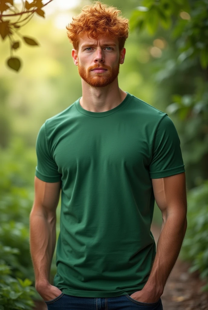 a real redhead man standing with a green t-shirt mockup