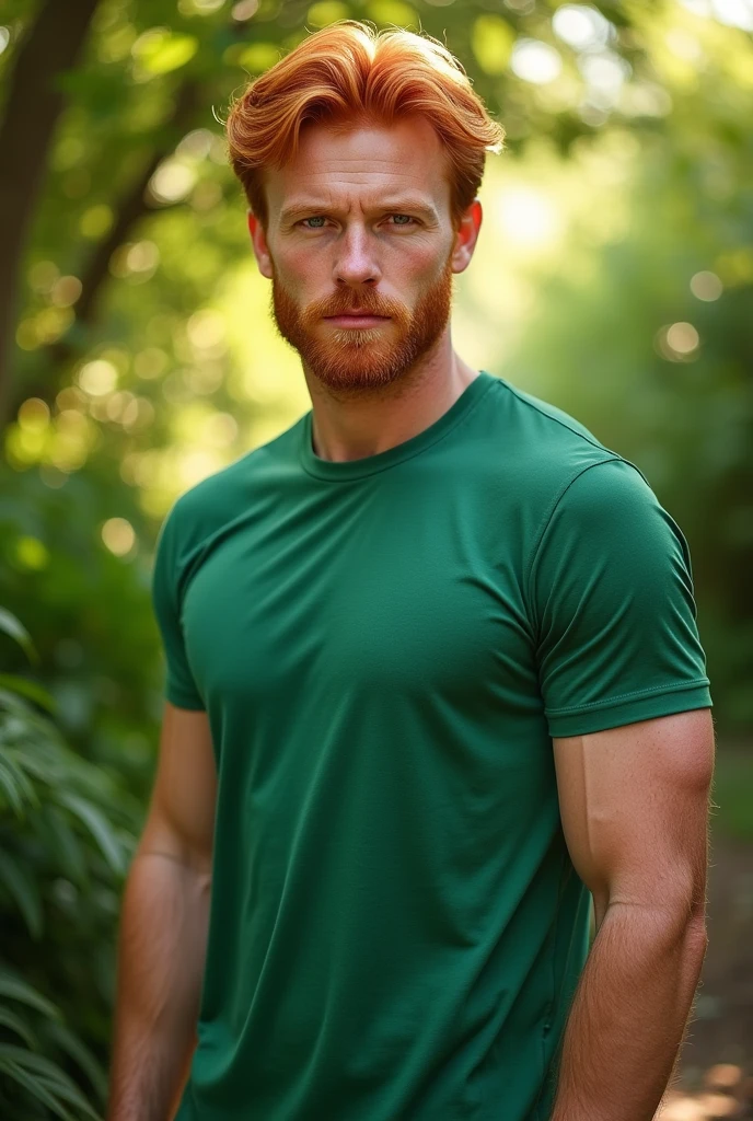 a real redhead man standing with a green t-shirt mockup
