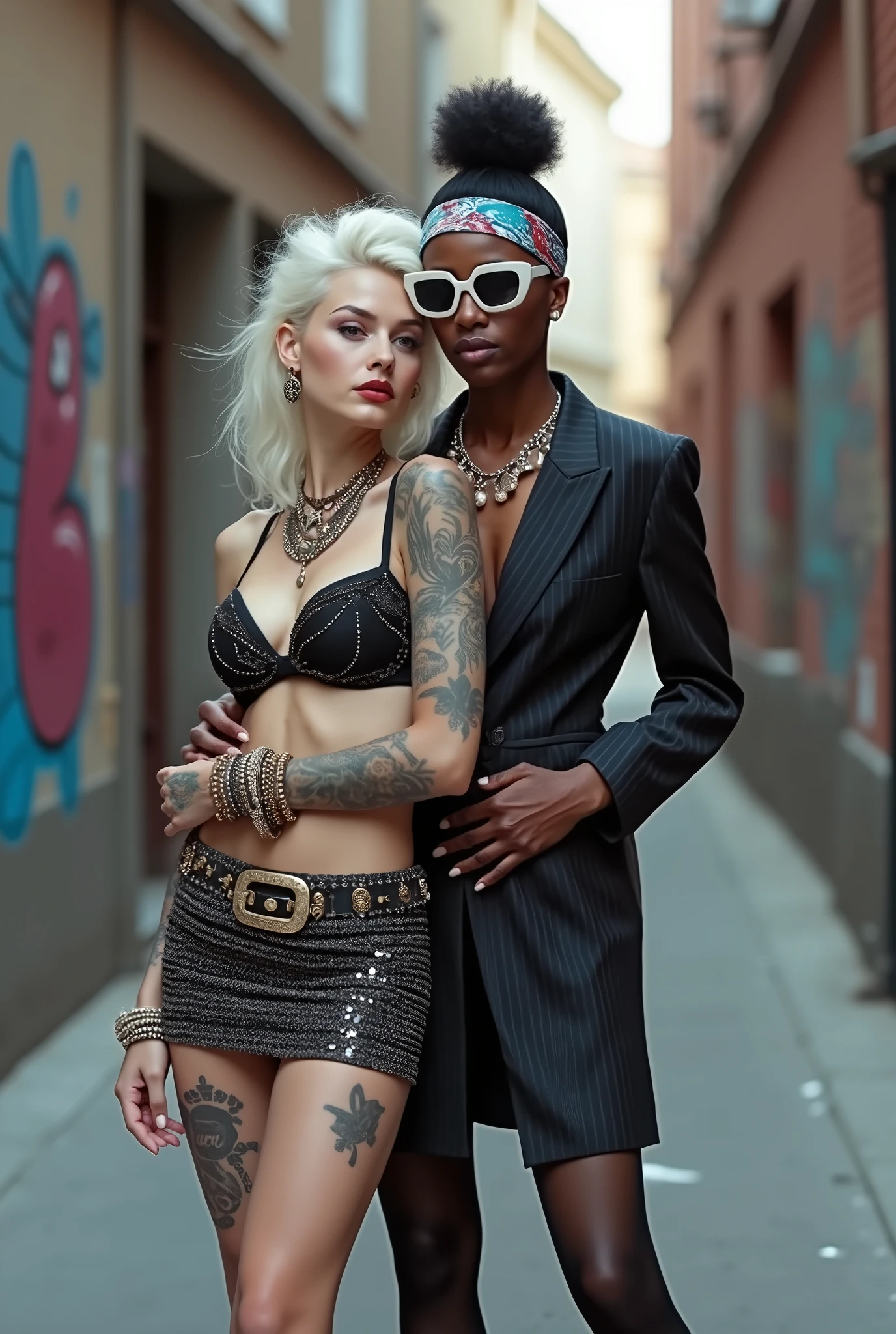 Two russian old milf women: the dominant aggressive dark skinned  black woman in business pinstripe coat and white silk blouse, long nails and afro hair, standing up with separated legs and possessive stance showing off her new white girlfriend to the camera with her hands on her girlfriend's waist and arm.  Next to her, her white rich drunk girlfriend looks at the camera  (white woman is very pale: pale face, pale neck, pale chest, pale arms, pale hands, pale stomach, pale leg), white woman stretches her neck and looks at the camera. White woman leans on her girlfriend . White woman stands up with separated legs. White woman wears low rise back sequins mini skirt and black silk stockings, platinum blonde hair (pouf, top bun, saved sides, wide colourful bandana as headband) and oversized square sunglasses as headband. Big lips with no makeup. White woman Black studded leather push up bra. Barefoot.. white woman wears a Lot of thick metallic bracelets in the wrists  and big pearl necklaces around the neck. White woman wears Wide loose studded belt with big solid buckle. Loose chains around the hips of the white woman. White woman is leaning back on her girlfriend.. The white woman is densely tattooed on neck, tattoed chest, tattoed stomach, tattoed legs, wrists and feet. White woman has well Toned abdominals, thin neck, slim legs and thin arms. White woman has Narrow hips and noticeable tigh gap. The body of the white woman is twisted in a lazy pose . On a narrow street with graffitied walls, some nuns in the background 