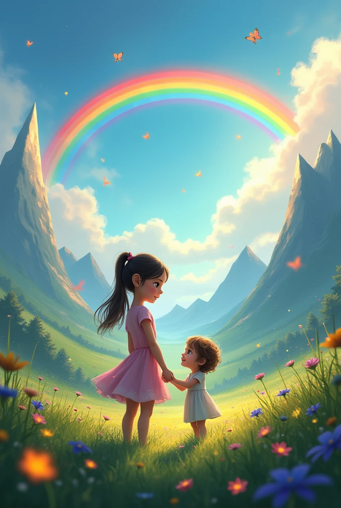 Create a fantasy world landscape with a rainbow in the background, and a girl and a one--old ding hands