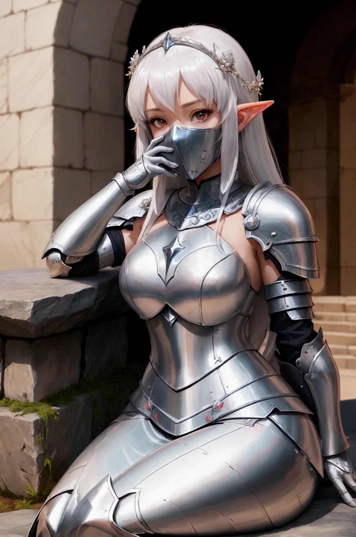 Woman in white dress sitting on a stone ledge, Anime Goddess, Gorgeous Female Paladin, Beautiful anime girl crouching, Female Anime Characters, Enchanting anime girl, Enchanting Elven Princess Knight, Girl in Armor, Beautiful and attractive anime woman, , Bikini Armor Female Knight, But the armor is covering her face, Pin on anime