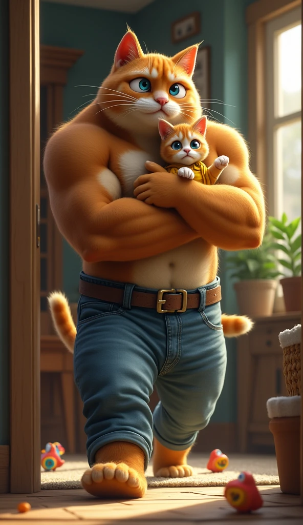 The six pack father cat wearing jeans outfit, a tall with wide, worried eyes, holds his sick crying kitten wearing yellow jeans outfit in his arms. He's standing by the door, ready to rush out, while the background shows a homely living room with furniture and scattered toys.