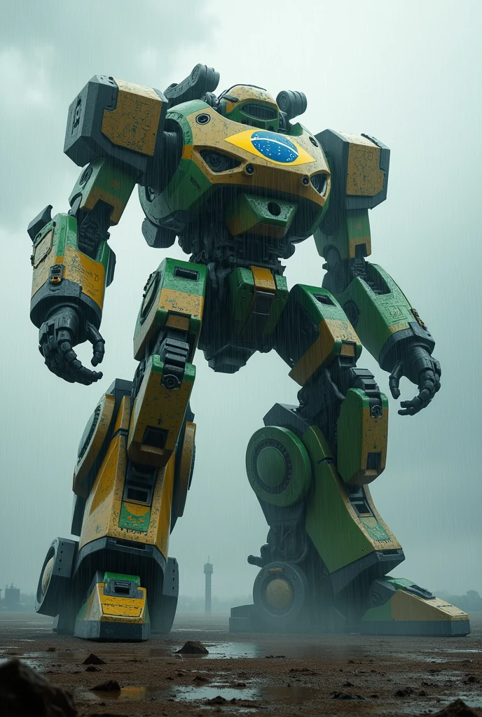 A giant war mecha from Brazil, in the middle of a rain.