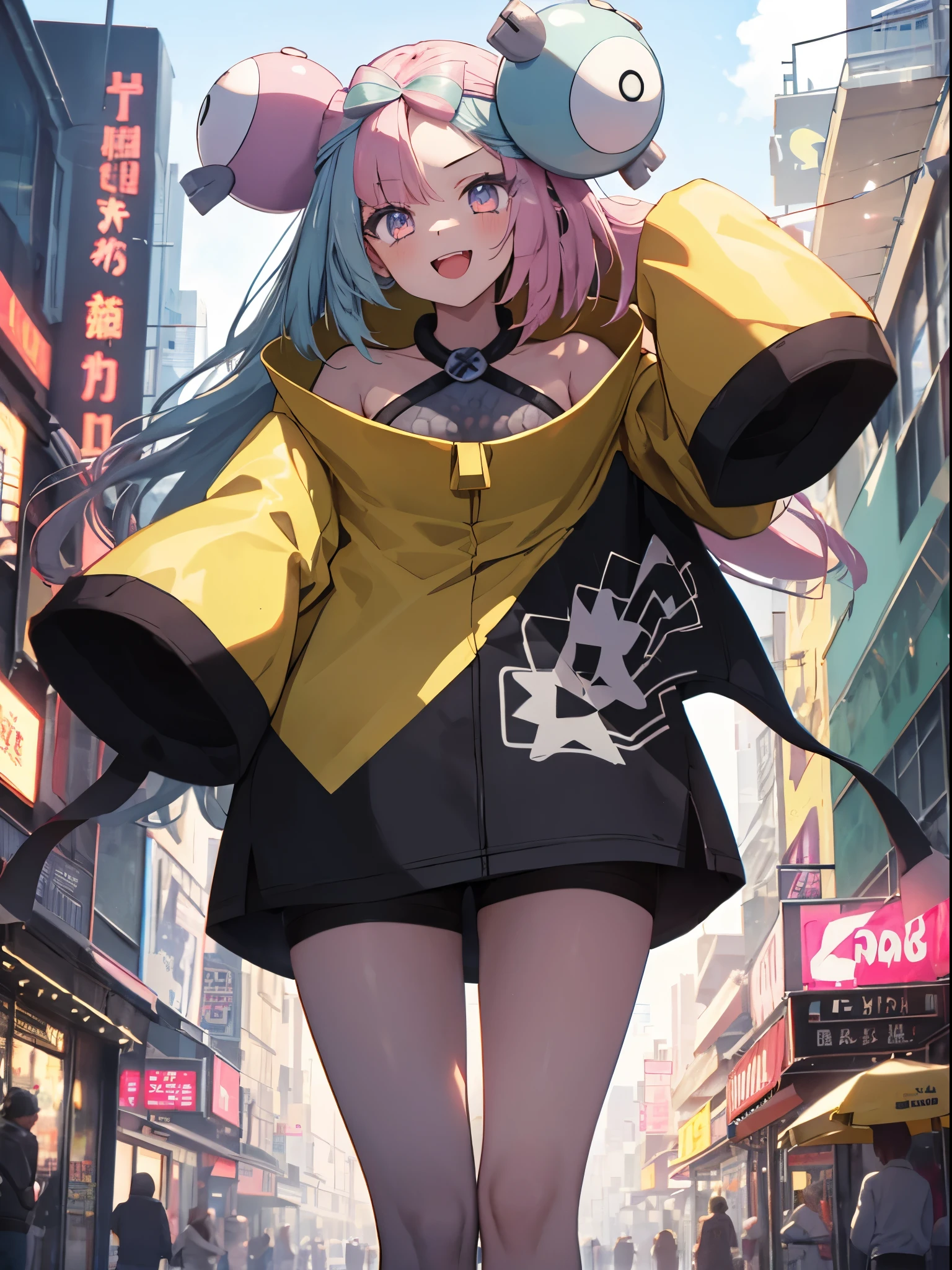 masterpiece, Highest quality, Perfect Face, Highest Resolution, Highest quality,Detailed depiction of the eyes, 8k, One Girl, Long Hair, Yellow Jacket, Long sleeve, hair ornaments, Future City, neon street, laugh