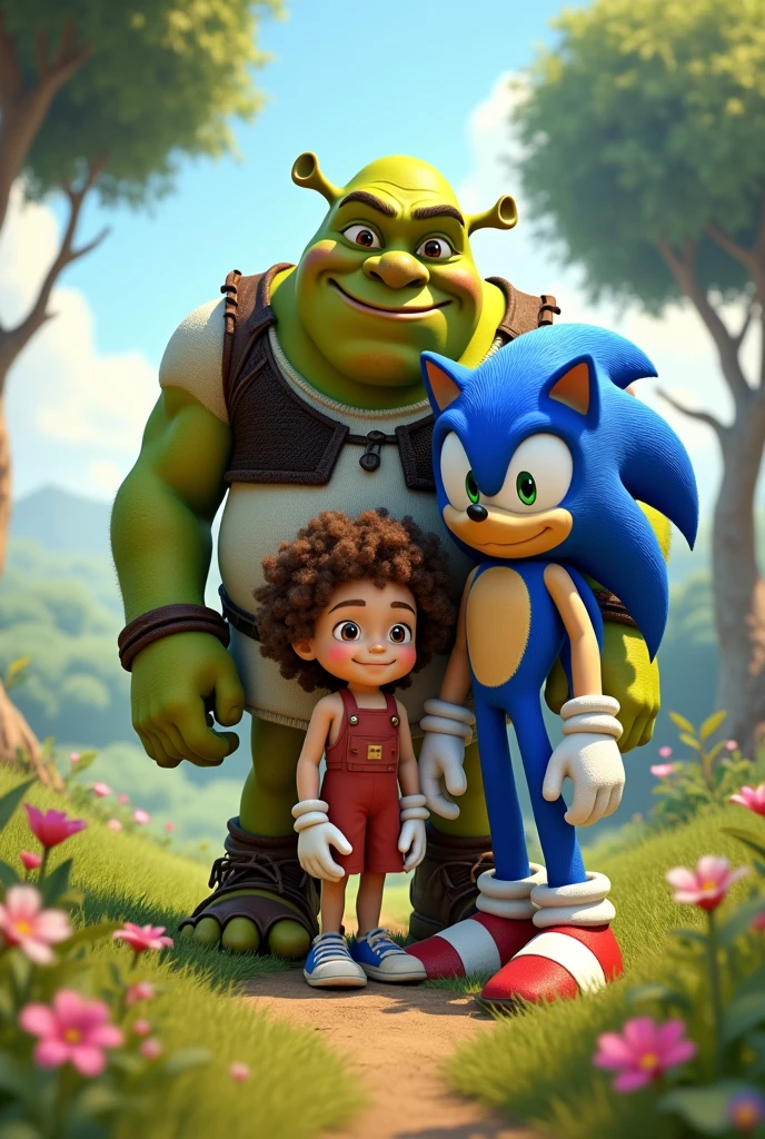 SONIC and SHREK with their kid, that is a white skin boy with curly brown hair