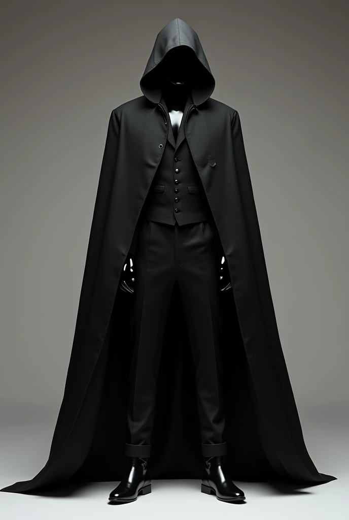 a black coat with a long cape that almost reaches the floor, a hood to cover the head, and a cool style, for a male mannequin