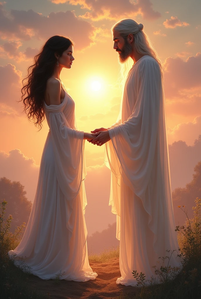 A dark-haired woman's hand holding that of a spirit-man dressed in white.
In the midst of a sunset