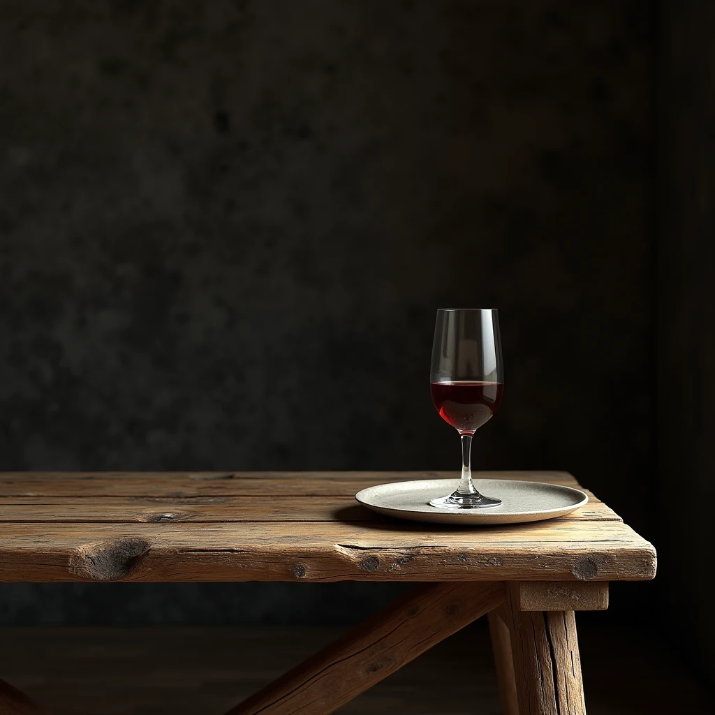 Table with plate and glass of wine. Rustic black background