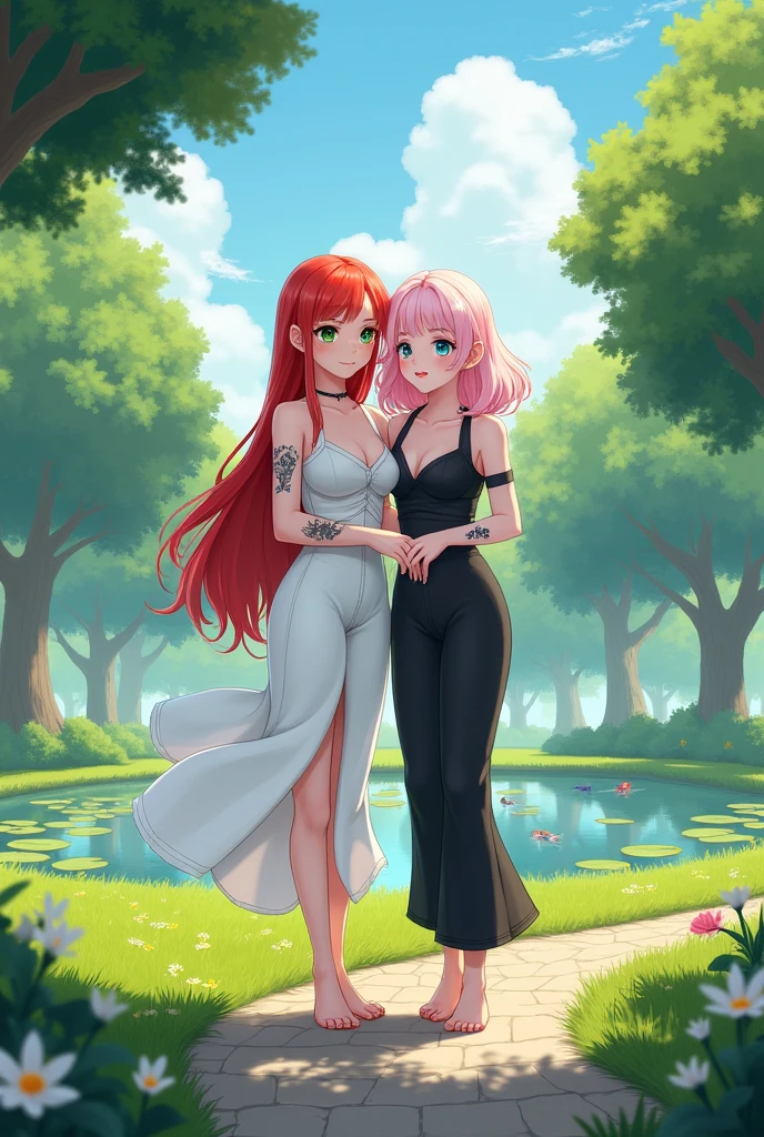 Two friends in a park, one with long red hair and green eyes, white skin and dressed in white and the other with pink hair and blue eyes with tattoos dressed in black