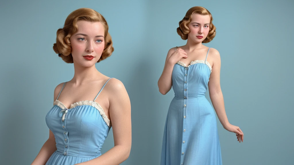 imagine a beautiful woman, her hairstyle is from the year 1940, her beautiful sandals are from the year 1940, She wears women's chemise dress from the 1940s. Realistic and high quality image. The background color of this image is completely blue, there is nothing else in the background.

