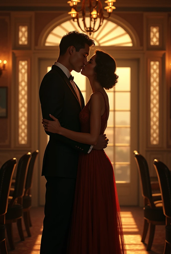 A couple in a retro, vintage 1930s setting, a stolen kiss, intricate details, cinematic lighting, warm color tones, highly detailed, masterpiece
