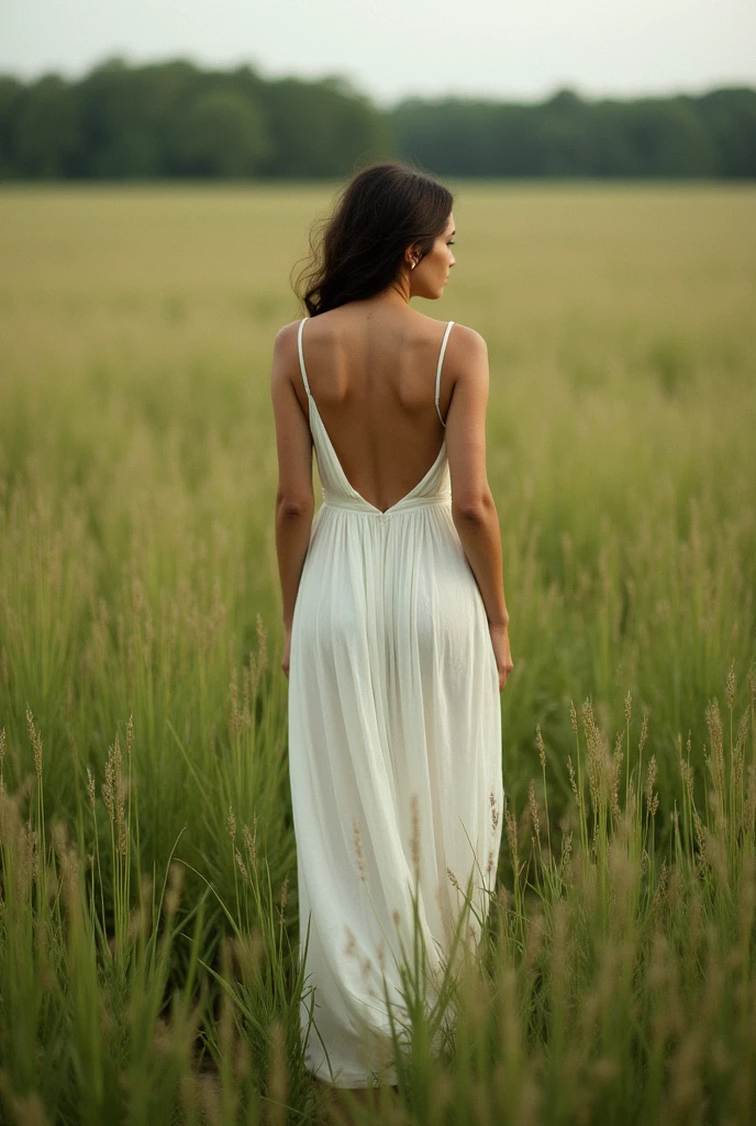 Analogue photography of woman in a white dress in a field of tall grass, in a field, back shot, in a field of grass, in a field of grass, in a wheat field, in the middle of a field, in the grass, in an open green field, looking from behind, bare back, naked rear shot showing ass, sexy girl, back shot, in a meadow