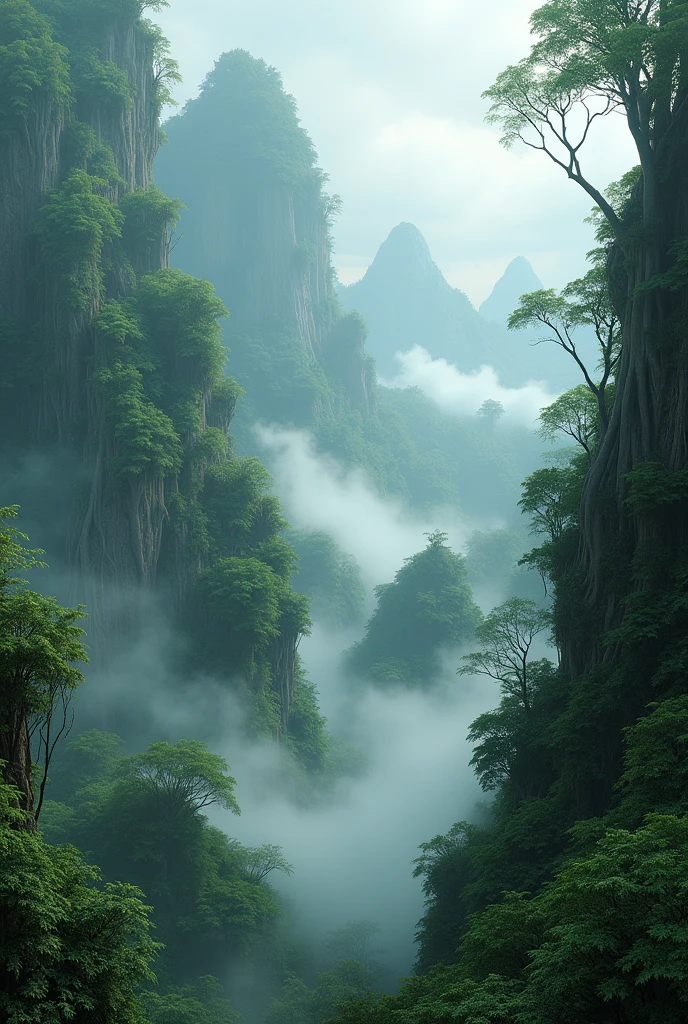 Explore the breathtaking landscapes of misty mountain jungles., Lush vegetation and misty vines rendered in stunning UHD quality.