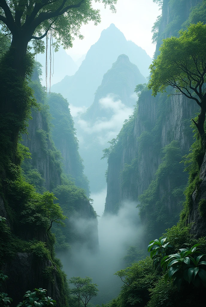 Explore the breathtaking landscapes of misty mountain jungles., Lush vegetation and misty vines rendered in stunning UHD quality.