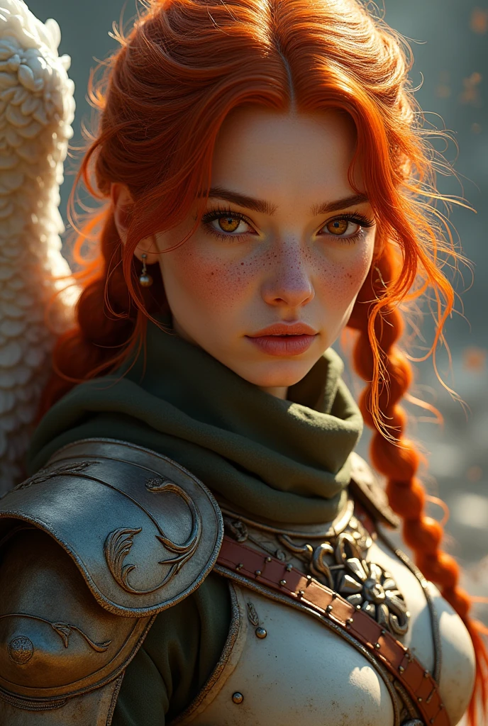 1 woman, slightly prominent freckles, Red hair, face with fearless expression and angelic beauty wearing warrior clothes with reddish brown eyes