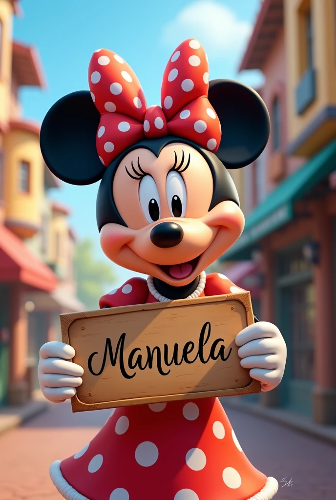 Minnie holding a sign with the name Manuela