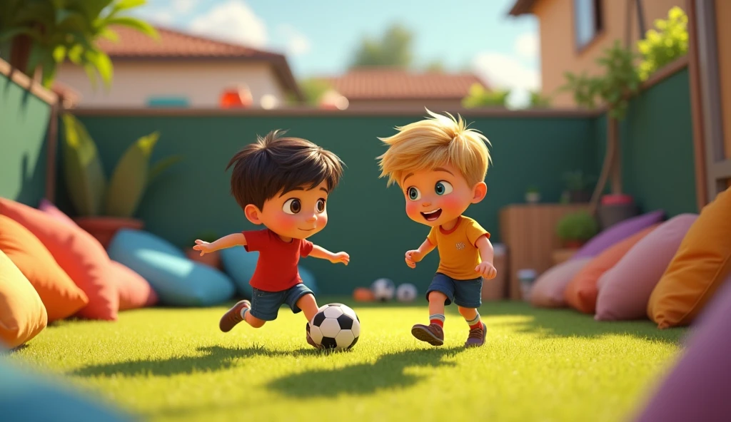 Once upon a time there were two brothers named Cássio and Diogo. Cássio, , smaller, short and straight hair, dark brown hair, transparent bangs, big cheeks and round face. Diogo, , short blonde hair, thin face and blue eyes. Show off the brothers' backyard with cushions and toys forming an improvised football field. Pixar, Disney