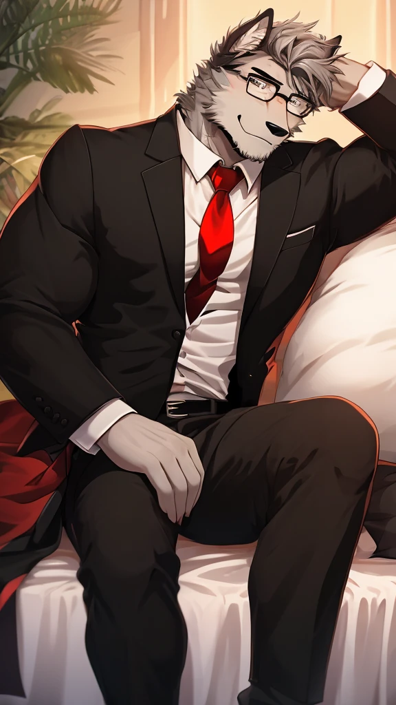 A Very Muscular Furry Gray Wolf. He is wearing A Black Pants with a belt, A Black and Red tie and a black suit. He is smiling a little and blushes. He is looking at you. He have A Gray Very messy hair. Both his hand is on his leg. He is wearing a black glasses. He is sitting on the Bed. He have A Watch on His Arm