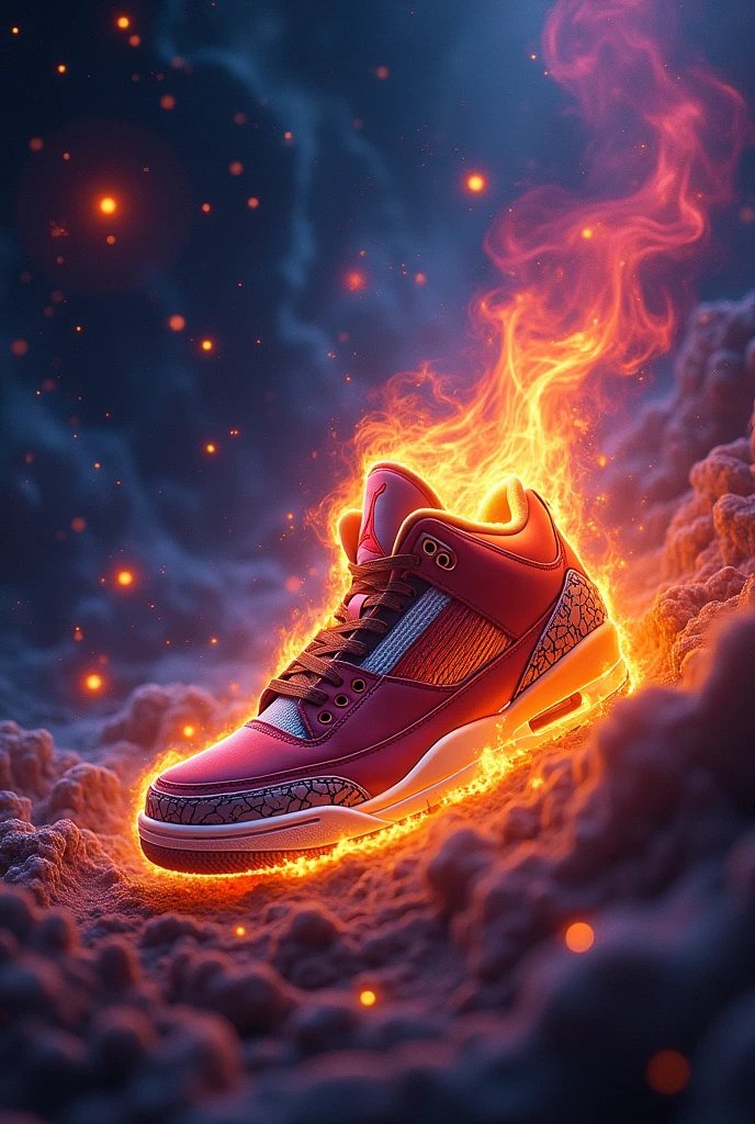 A photo of a Jordan Retro 3 tennis shoe with a multi-color design. The shoe is on fire with bright and burning fire in the middle of a dark galaxy. The galaxy has wavy patterns of black, purple, blue and pink. There are also floating and glowing orbs., In addition to shooting stars. The background contains a cosmic scene with stars and nebulas.