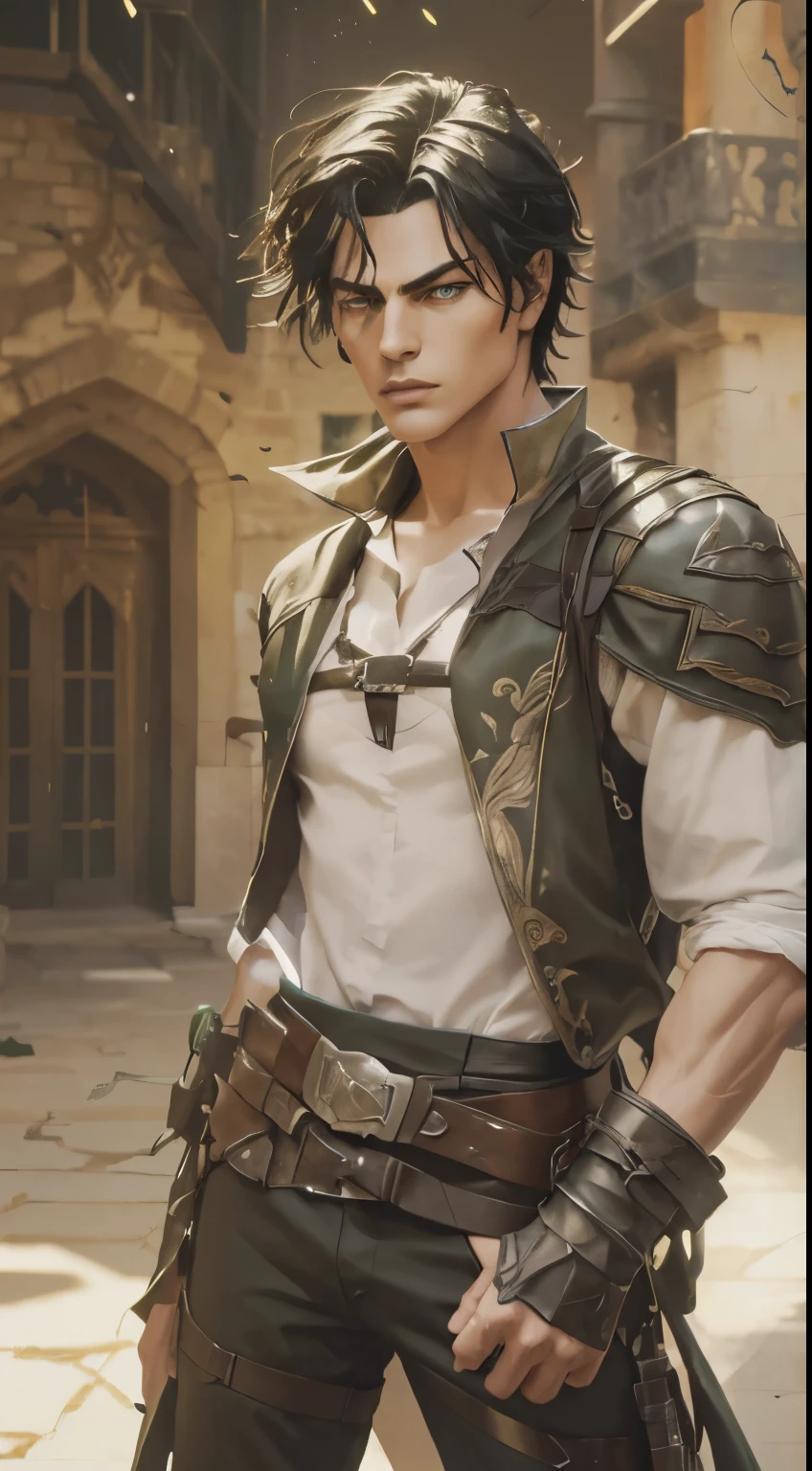 (an androgynous male assassin:1.1),wild black hair,green eyes,slim,black assassin clothing,in a castle,medium:oil painting,detailed background,moody lighting,vivid colors,dark and mysterious ambiance,ominous atmosphere