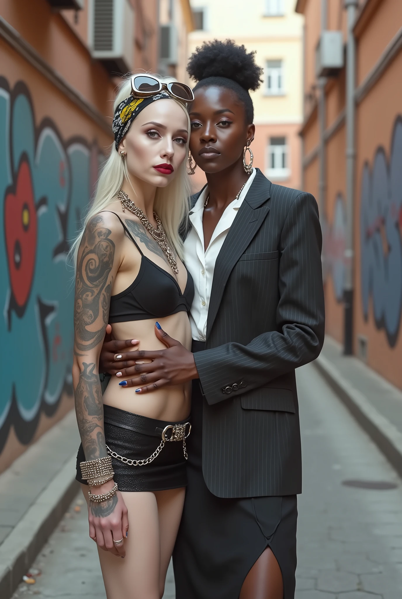 Two russian old milf women: the dominant aggressive dark skinned  black woman in business pinstripe cropped blazer, pinstripe pencil skirt and white silk blouse, long nails and afro hair, standing up with separated legs and possessive stance showing off her new white girlfriend to the camera with her hands on her girlfriend's waist and arm.  Next to her, her white rich drunk girlfriend looks at the camera  (white woman is very pale: pale face, pale neck, pale chest, pale arms, pale hands, pale stomach, pale leg), white woman stretches her neck and looks at the camera. White woman leans on her girlfriend . White woman stands up with separated legs. White woman wears low rise back sequins mini skirt and black silk stockings, platinum blonde hair (pouf, top bun, saved sides, wide colourful bandana as headband) and oversized square sunglasses as headband. Big lips with no makeup. White woman Black studded leather push up bra. Barefoot.. white woman wears a Lot of thick metallic bracelets in the wrists  and big pearl necklaces around the neck. White woman wears Wide loose studded belt with big solid buckle. Loose chains around the hips of the white woman. White woman is leaning back on her girlfriend.. The white woman is densely tattooed on neck, tattoed chest, tattoed stomach, tattoed legs, wrists and feet. White woman has well Toned abdominals, thin neck, slim legs and thin arms. White woman has Narrow hips and noticeable tigh gap. The body of the white woman is twisted in a lazy pose . On a narrow street with graffitied walls, some nuns in the background 