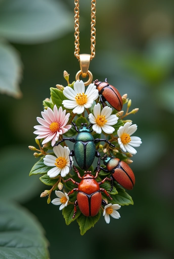 Simple jewelry with flowers and beetles