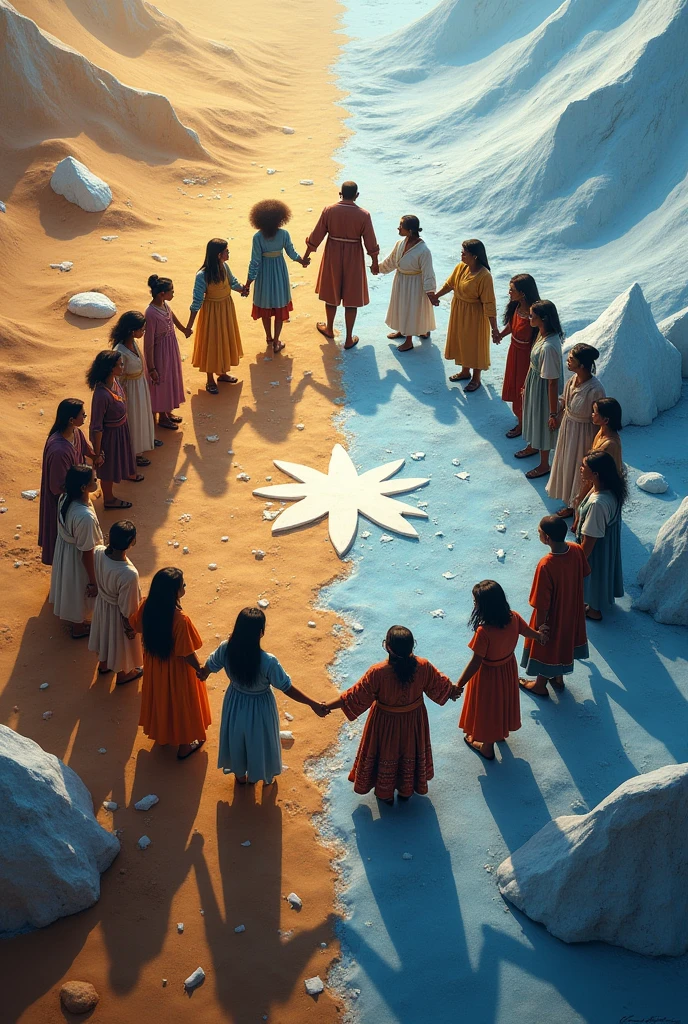 Africa and Antarctica**
*A group of people from different cultures hold hands in a natural environment that mixes the African desert with the glaciers of Antarctica.*