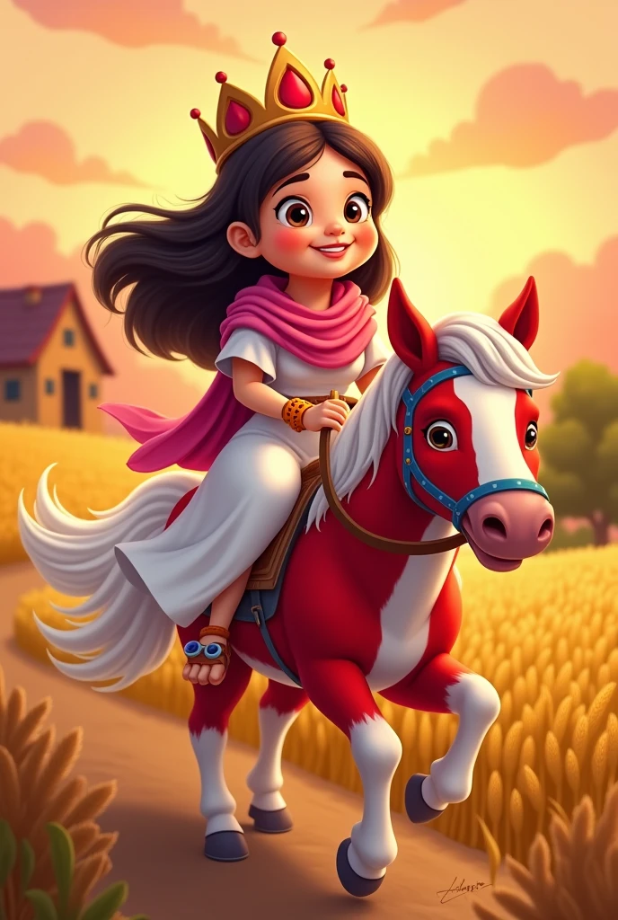 Full body woman with round, chubby face, olhos amendoados, skin fair, reasonably large forehead and smiling, wearing a flowing white dress and a pink scarf with a red crown on her head(like that of the kings of Israel), colorful boot, blue ring on left hand, brown bracelet, orange bracelet on the arm, green ring on right hand riding happily on a red and white colored mare, cozy house behind on a farm with wheat plantation with orange sunset.
