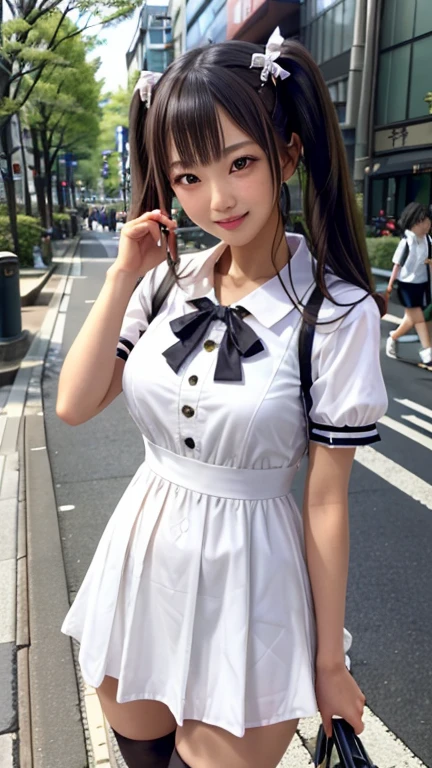 (Realistic:1.3), In detail, quality, Rembrandt Lighting, (Tabletop:1.2), (Realistic:1.2), (最高quality), (Detailed skin:1.3), (Complex詳細), dramatic, Ray Tracing, One Girl, Japanese girl, 、Big eyes、smile, Twin tails, Twin Loop Hair, Parted bangs, 2, Big ample breasts, Gothic Fashion、Short dress, Frills, race, ribbon, Complex, (in Tokyo street, Harajuku, sunny day), Browsing Caution,