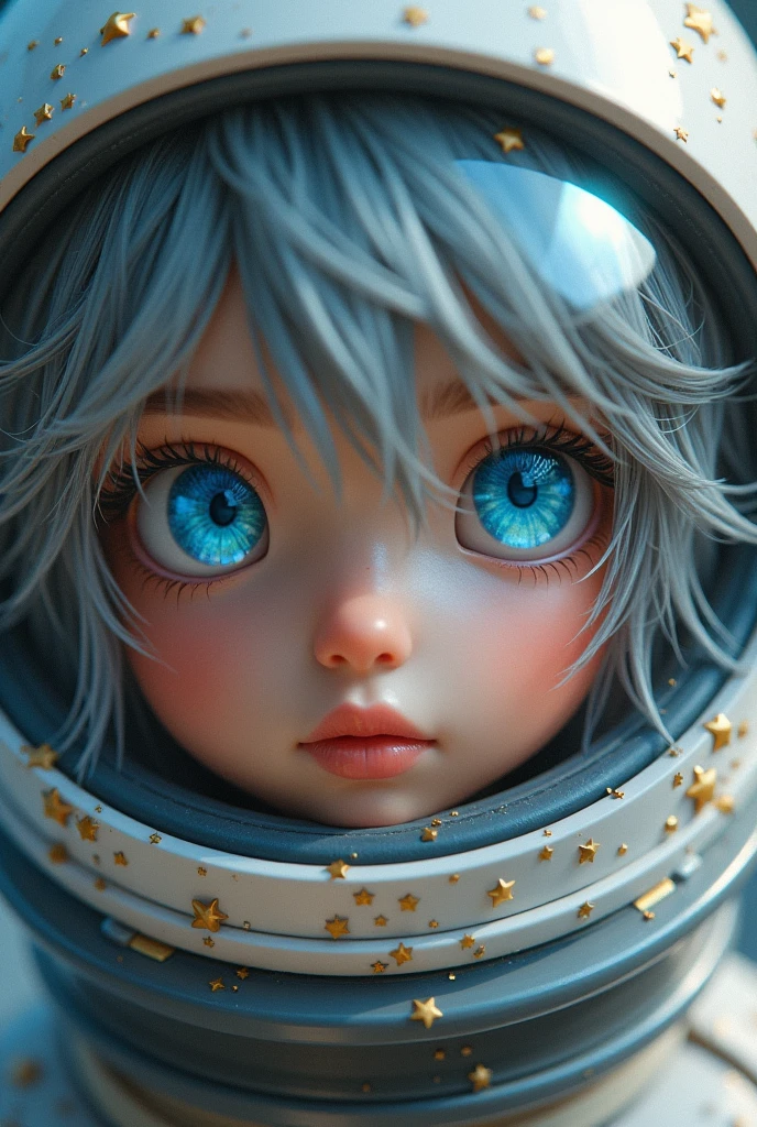 (Get a closer look at more masterpieces:1.5)0.9], Small Eyes，The eyes are particularly small，(Space and astronauts:1.2) (Messy silver hair:1.1) (Heterochromia xanthochromia and blue eyes:1.2) (Space Helmet:1.0) (Colored stars in the eyes:1.0) (shining:1.1) (thick lips:0.9)