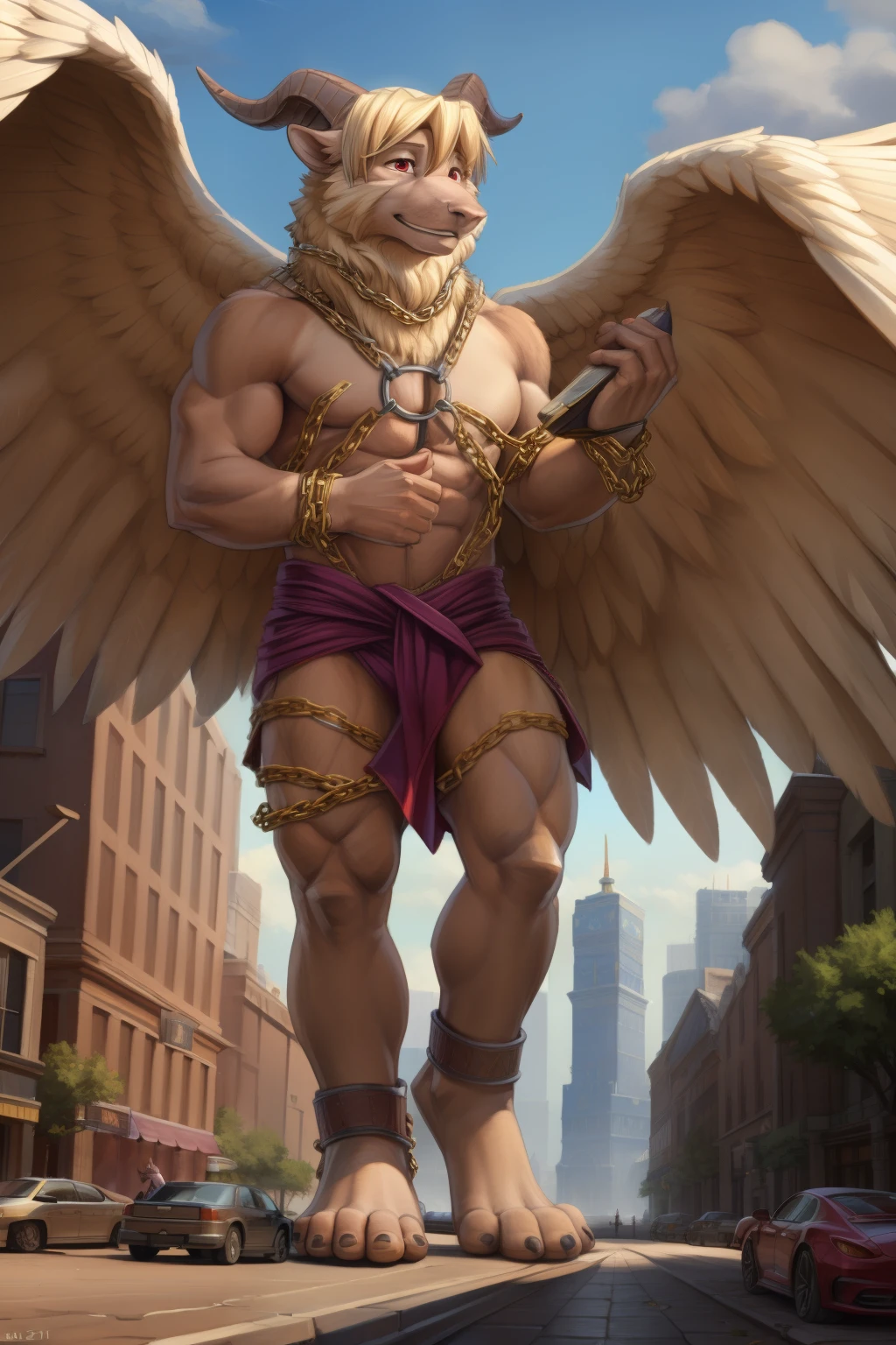 azazeltas, muscular male, (soft shading), 4k, hi res, ((detailed face, red eyes, detailed)), ((full body)), by zackarry911, by zaush, (by personalami:0.5), happy smile, 1boy, jewelry, nude, chain, feathers, feathered wings, brown fur, harness, macro in city, rampage, raising his leg about to stomp