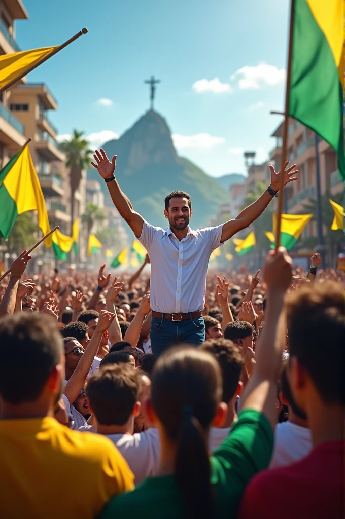 Create an image of a campaign in the middle of Rio de Janeiro for Brazilian federal deputy candidate Miguel Senna