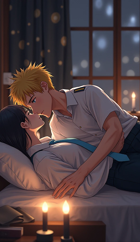 (32K:1.9, Photorealistic:1.9, Highest quality, masterpiece, Ultra-high resolution), Perfect dynamic composition:1.3, Highly detailed skin and facial textures:1.3, (Cute sexy slim Japanese girl, Height: 155cm), (Slim man, Length 180cm), ((Both of them lie on the bed, A man gives a woman a pillow:1.3, to kiss:1.4)), Fair skin, ((Clarity:1.1)), (The guy has a great uniform:1.3, Bright yellow hair, beautiful目:1.3), (The woman is wearing a uniform with a light blue tie..:1.3, Straight black hair.:1.3, smile:0.9, A man completely charms a woman:0.9, beautiful Blue Eyes, beautiful, Clear Eyes:0.8), Sexy Face:0.4, blush:1.1, (beautifulエロティシズムを醸し出す雰囲気:0.8, Professional random camera work, Cinematic Lighting Effects, romantic, mysterious), (Too erotic), Object of admiration, original, dramatic, artistic, Innovative, charm, Heartful, Fancy, Tilt, sense of loss, special, exciting, Extreme, sense of openness, joy, joyの表現, ((若さのcharm, 女性的なcharm))