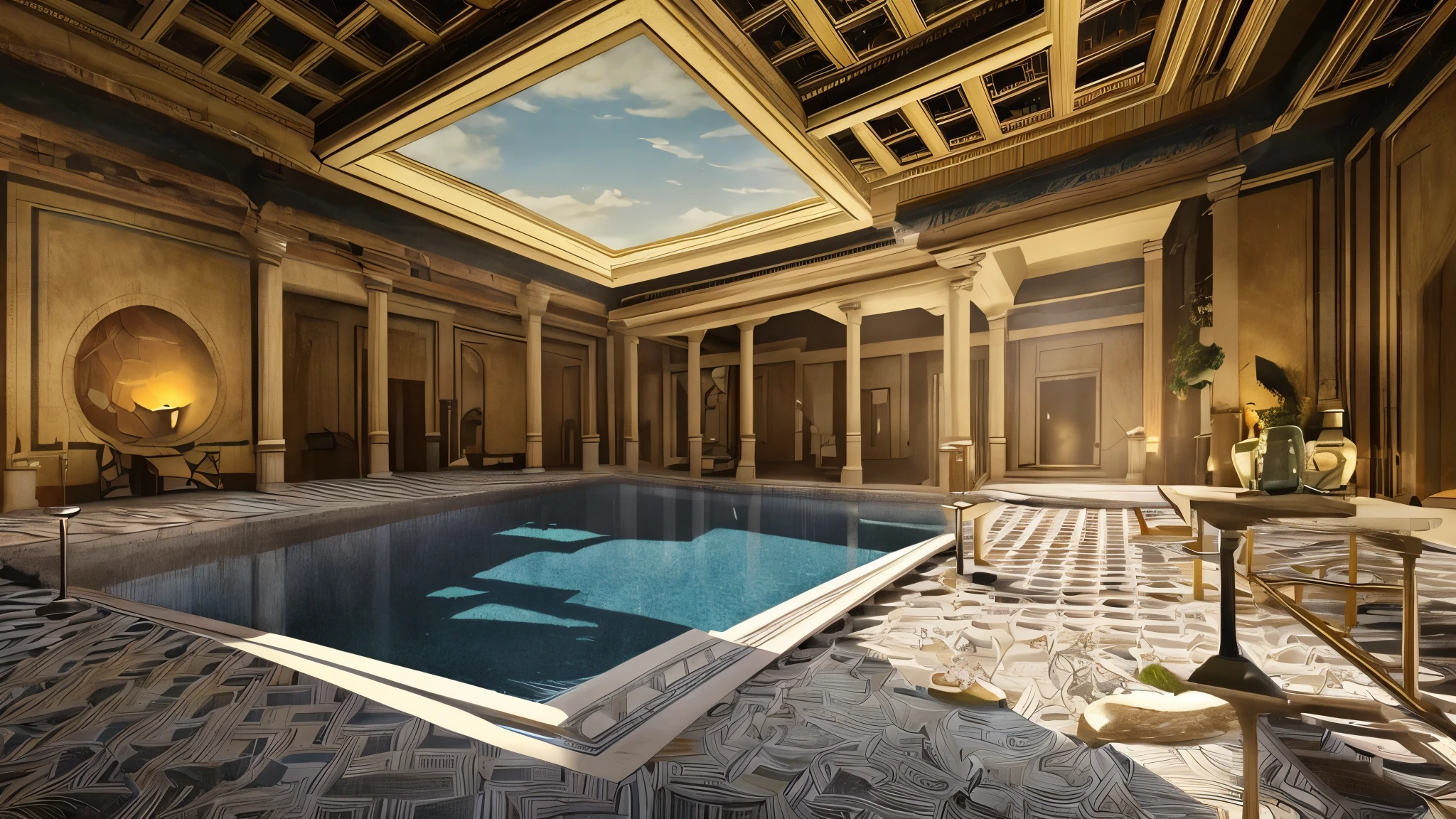 (masterpiece:1.2), (Highest quality,:1.2), 8k, High resolution, Super detailed, ((Realistic)), Professional Light, Cinema Lighting, Fashion Photography, Ambient Lighting, Facial lighting, Fantasy Art, All details, There is a pillar and a skylight above it.、Ancient Roman room with a blue-floored pool in the center of the room, Romint, Spectacular photos