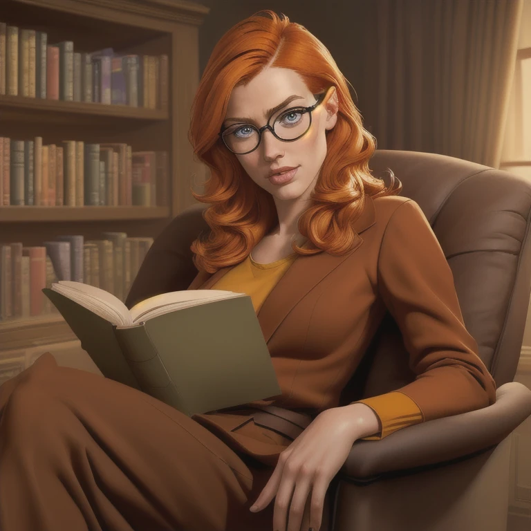 A young woman with beautiful orange hair wearing glasses, Scooby Doo character, adorable, cute, innocent expression, 1girl, extremely detailed face and eyes, long eyelashes, beautiful detailed lips, full body closeup, full body detail, sitting in a cozy library armchair reading a book, warm color palette, soft lighting, hyperdetailed, (best quality,4k,8k,highres,masterpiece:1.2),ultra-detailed,(realistic,photorealistic,photo-realistic:1.37),detailed background, beautiful scenery, detailed environment, comfortable, cozy

