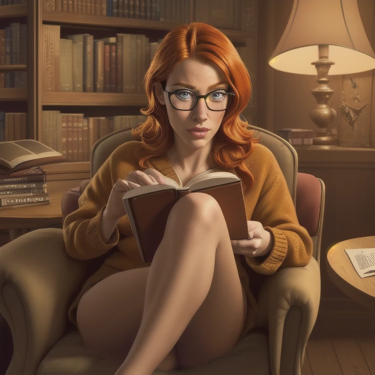 A young woman with beautiful orange hair wearing glasses, Scooby Doo character, adorable, cute, innocent expression, 1girl, extremely detailed face and eyes, long eyelashes, beautiful detailed lips, full body closeup, full body detail, sitting in a cozy library armchair reading a book, warm color palette, soft lighting, hyperdetailed, (best quality,4k,8k,highres,masterpiece:1.2),ultra-detailed,(realistic,photorealistic,photo-realistic:1.37),detailed background, beautiful scenery, detailed environment, comfortable, cozy