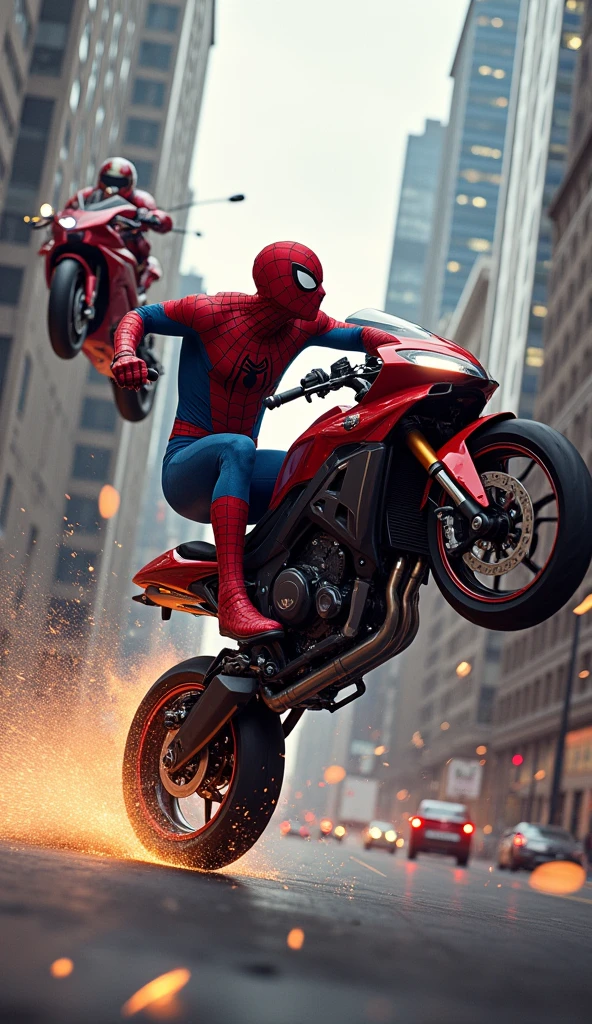 Spiderman vs Ironman popping wheelies on sport bikes