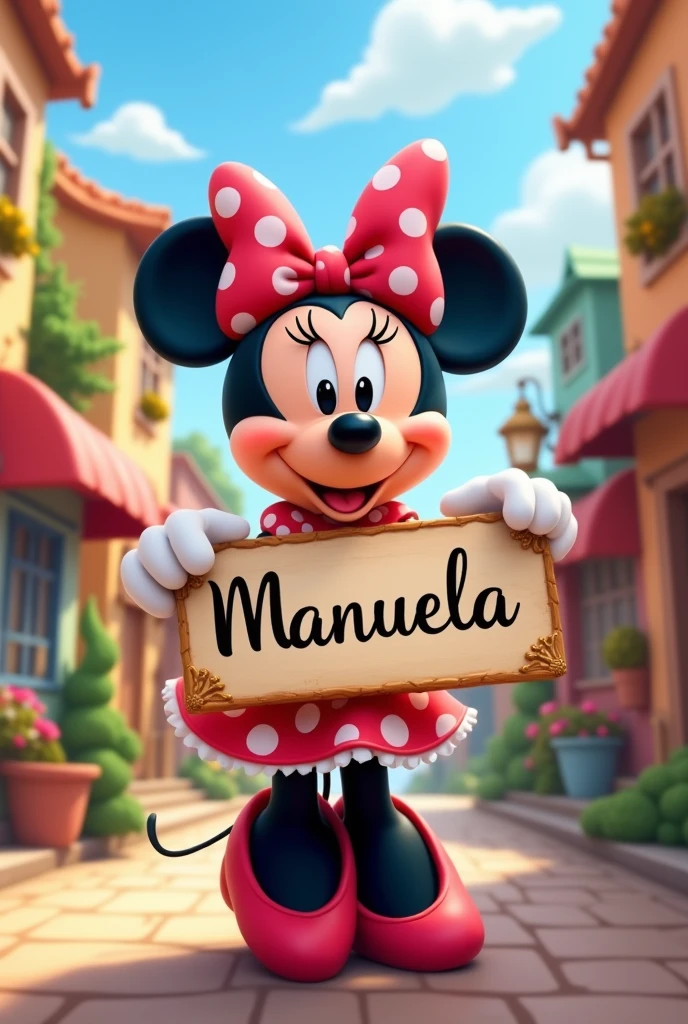 Minnie holding a sign with the name Manuela