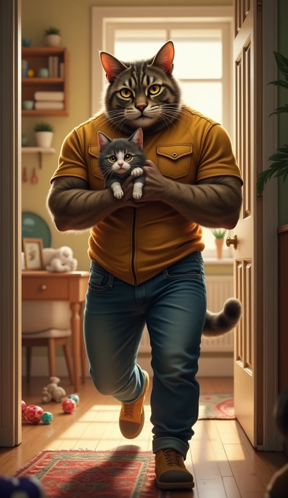 The six pack father cat wearing jeans outfit, a tall with wide, worried eyes, holds his sick crying kitten wearing yellow jeans outfit in his arms. He's standing by the door, ready to rush out, while the background shows a homely living room with furniture and scattered toys.