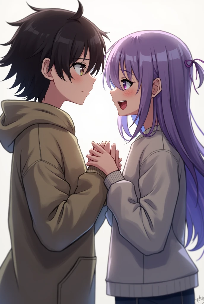 Generate an image of a white skinned girl, black tired eyes, short messy dark brown hair. She is wearing baggy men's clothes,and is holding another girl's hand. This other girl has white skin, has big violet eyes, a long shiny purple hair. She is wearing a white dress and is laughing along with the first girl.. not anime style