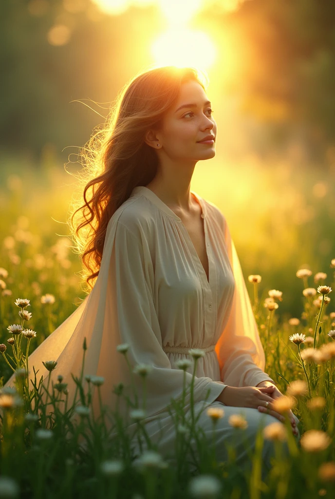 The joy of God&#39;s love in a beautiful young woman in a lush green field at dawn 
