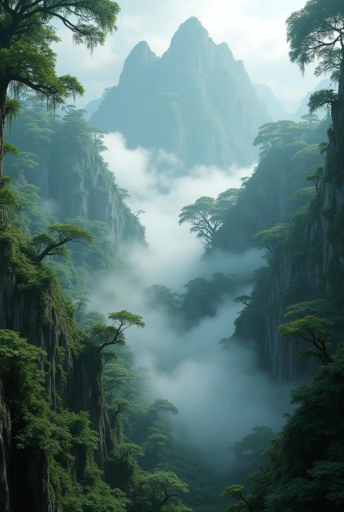 Explore the breathtaking landscapes of misty mountain jungles., Lush vegetation and misty vines rendered in stunning UHD quality.