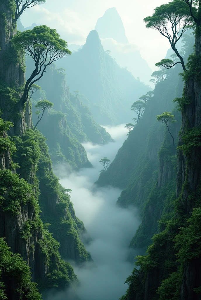 Explore the breathtaking landscapes of misty mountain jungles., Lush vegetation and misty vines rendered in stunning UHD quality.