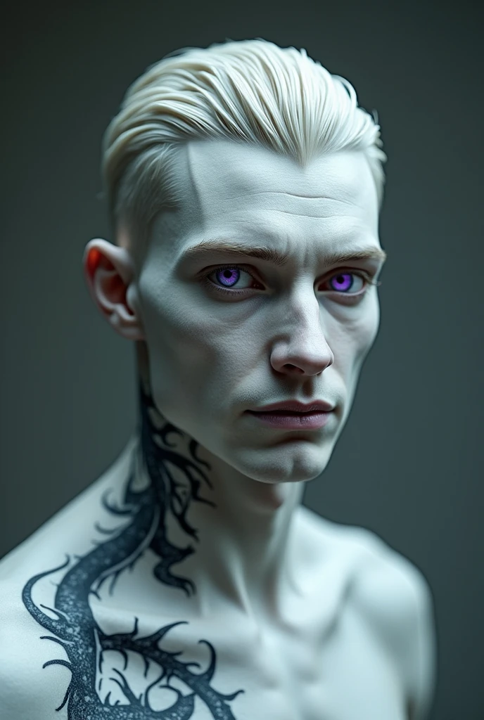 a boy with a tall and moderately muscular complexion, his torso consists of an inverted triangle shape, having wider shoulders and a smaller waist, his skin is almost completely pale in color, due to his modifications his eyes are completely purple in color. , his hair is combed with a midline similar to an open book, his smile is completely white and linear without imperfections as well as showing small fangs, his jaw is also marked, he has a dragon tattoo on his neck on the left side.